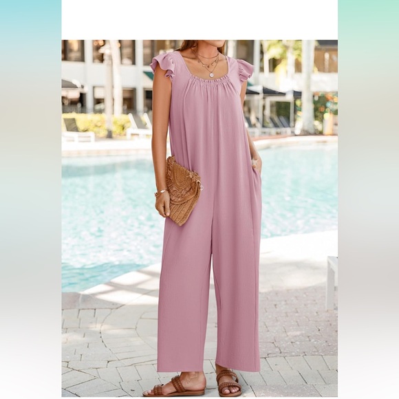 Loose Jumpsuit V Neck Sleeveless Oversized Wide Leg Pant Romper with Pockets - Picture 1 of 5